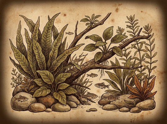 Lush planted freshwater aquarium — vintage illustration