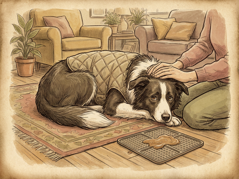 Anxious border collie with calming wrap and lick mat — vintage illustration