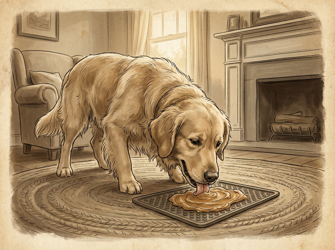 Dog using lick mat enrichment — vintage illustration