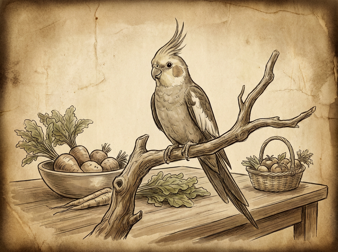 Cockatiel on natural perch with fresh food — vintage illustration