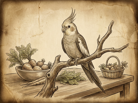 Cockatiel on natural perch with fresh food — vintage illustration