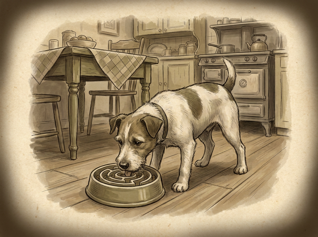 Dog eating from slow feeder bowl — vintage illustration
