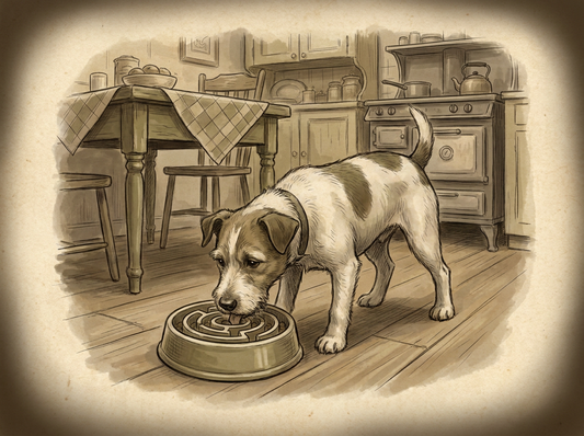 Dog eating from slow feeder bowl — vintage illustration