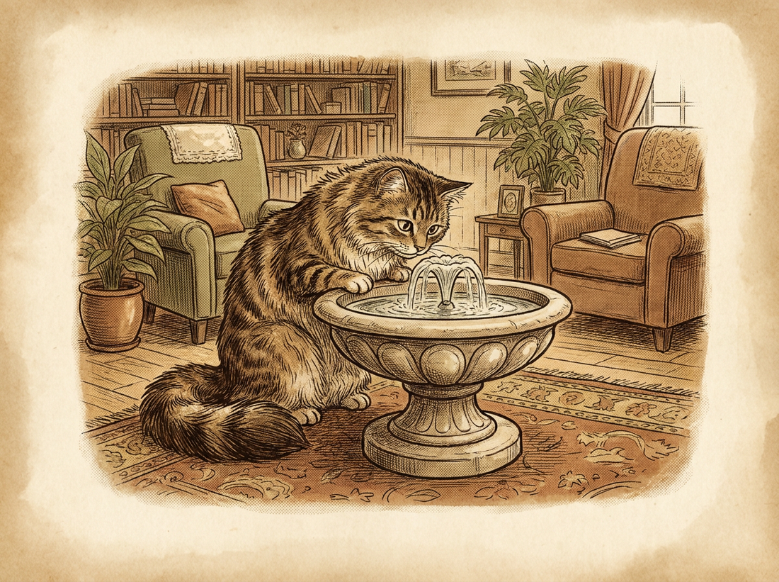 Cat drinking from flowing water fountain — vintage illustration