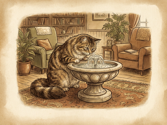 Cat drinking from flowing water fountain — vintage illustration