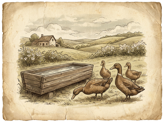 Backyard duck flock on homestead — vintage illustration