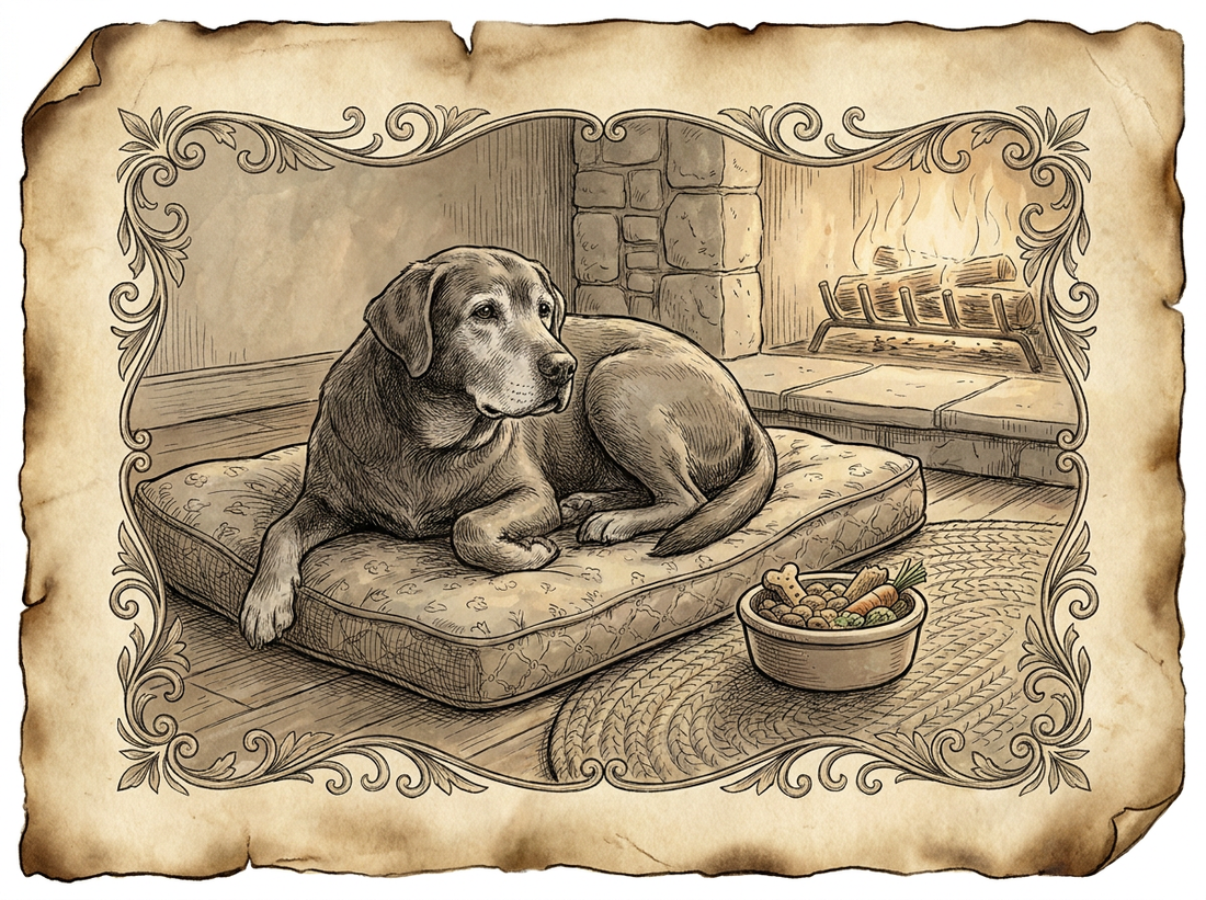 Senior grey-muzzled labrador resting on orthopedic bed — vintage illustration