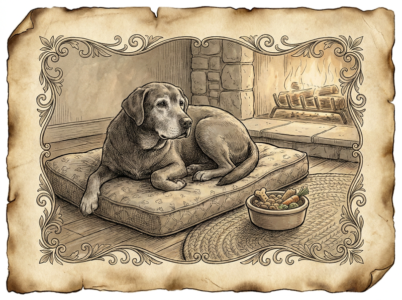 Senior grey-muzzled labrador resting on orthopedic bed — vintage illustration
