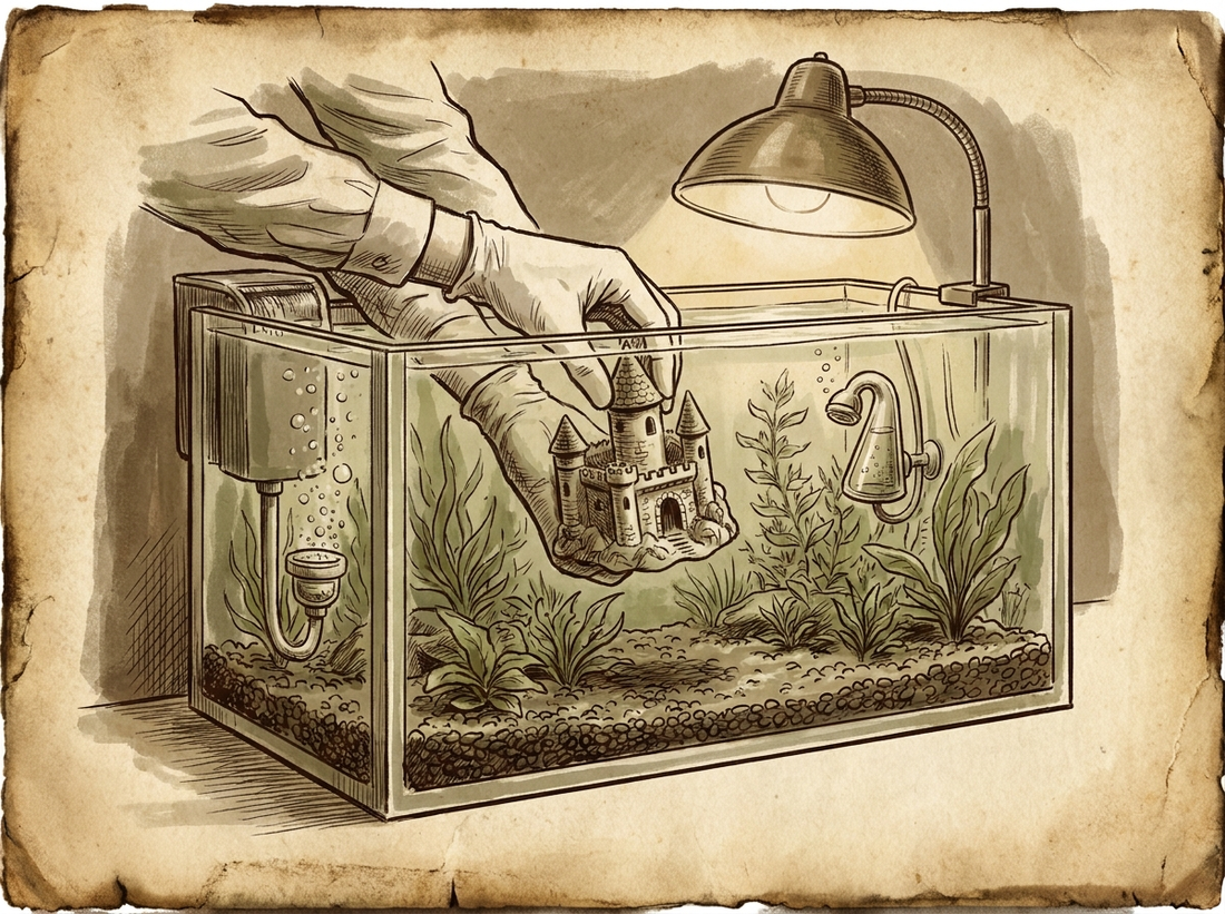 Aquarium starter kit being set up — vintage illustration