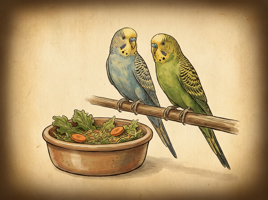 Budgies eating natural diet — vintage illustration
