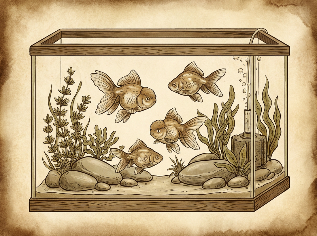 Fancy goldfish in large filtered aquarium — vintage illustration