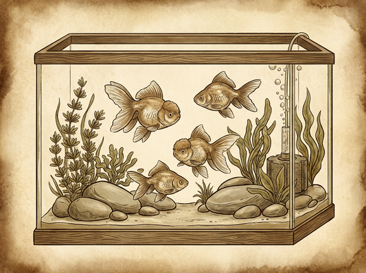 Fancy goldfish in large filtered aquarium — vintage illustration