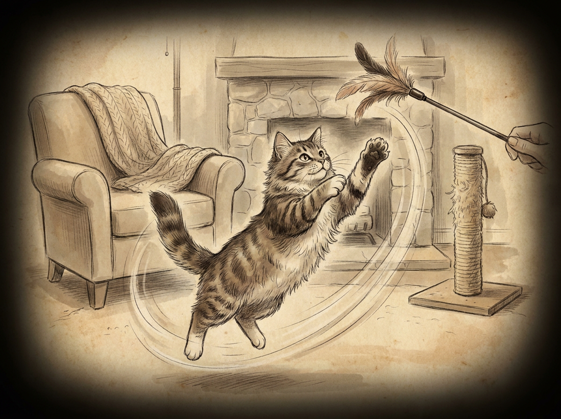 Playful cat with wand toy enrichment — vintage illustration