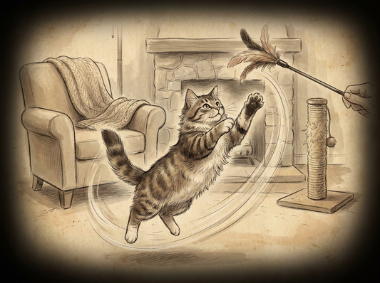 Playful cat with wand toy enrichment — vintage illustration