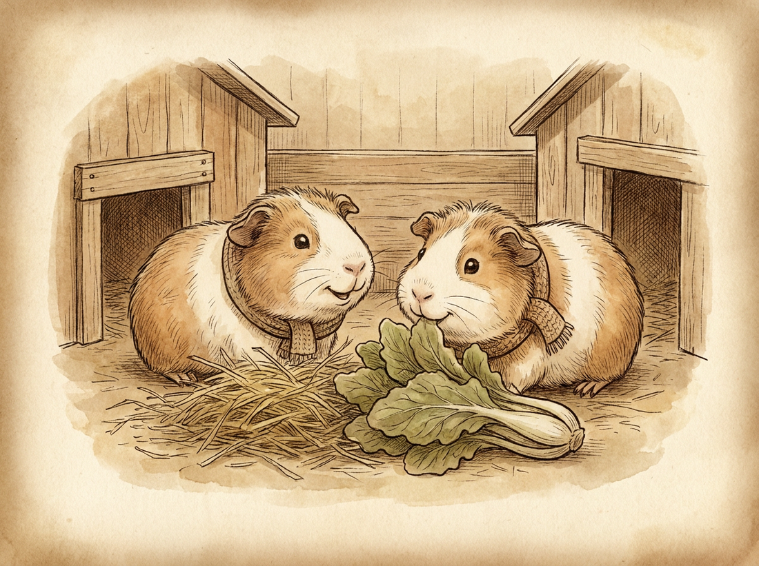 Two guinea pigs with fresh hay and vegetables — vintage illustration