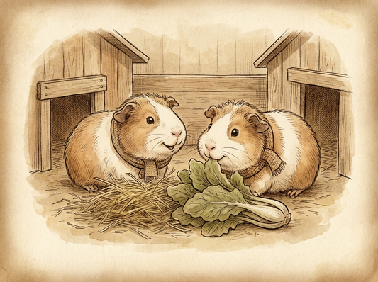 Two guinea pigs with fresh hay and vegetables — vintage illustration