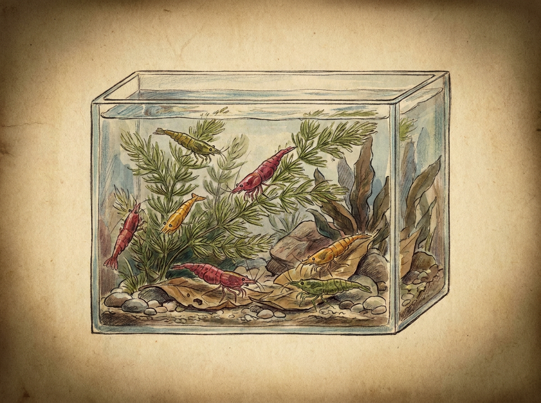 Cherry shrimp in planted nano tank — vintage illustration