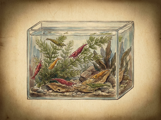 Cherry shrimp in planted nano tank — vintage illustration