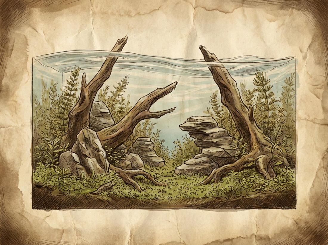 Lush aquascape with driftwood and plants — vintage illustration