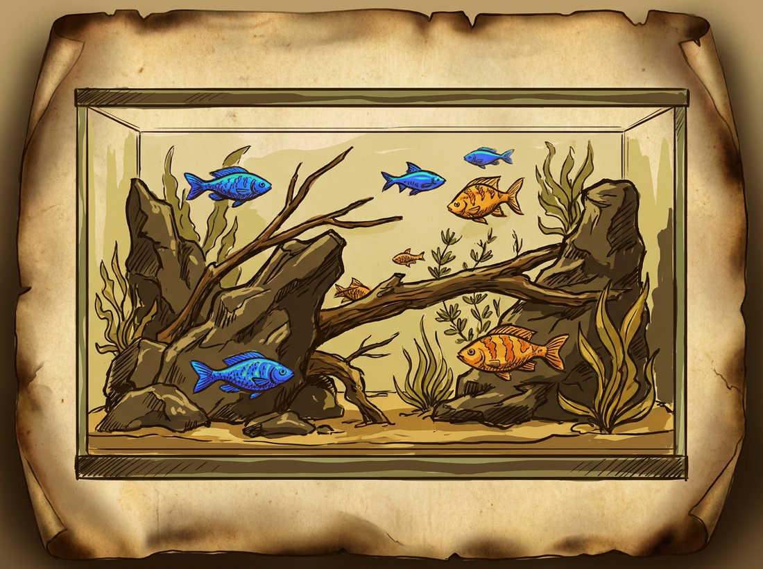 African cichlids in rocky rift lake aquarium — vintage illustration