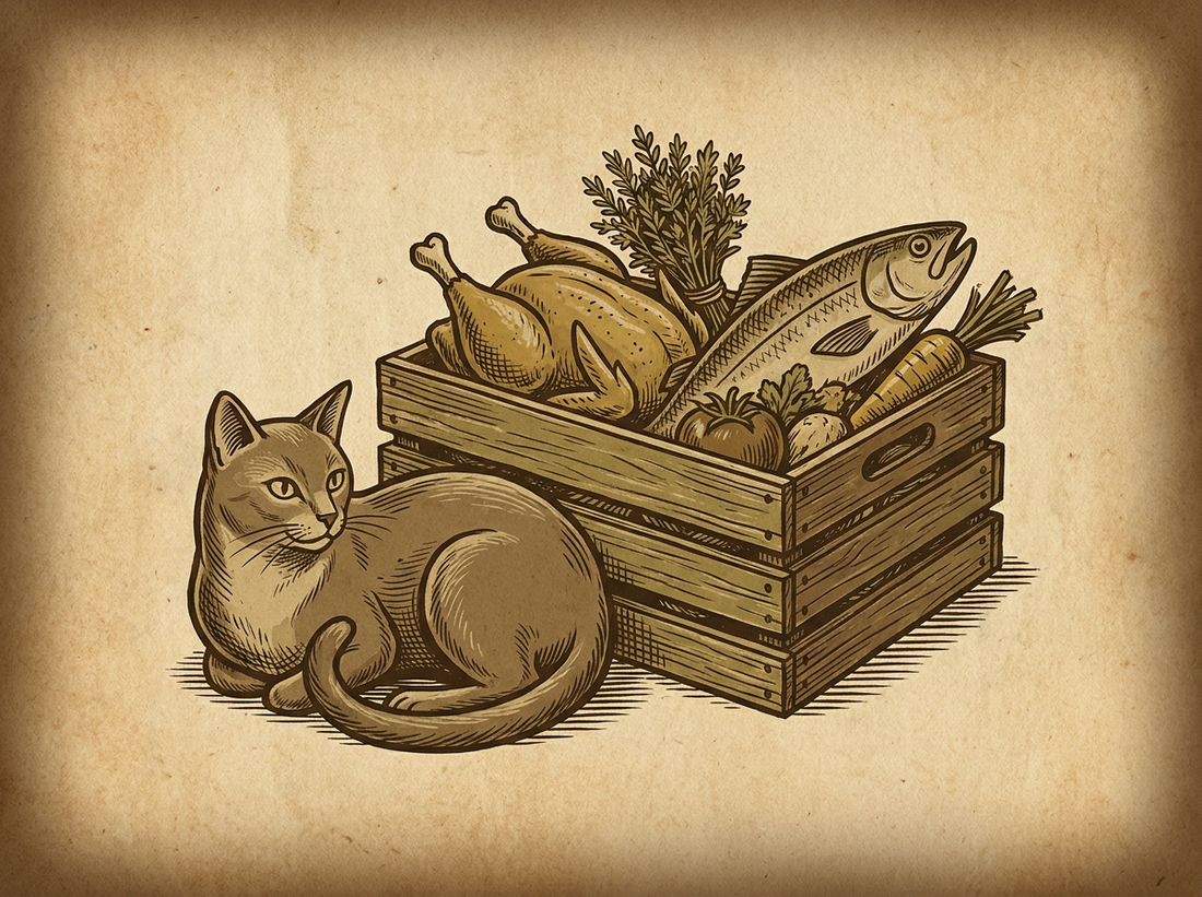 Healthy cat beside species-appropriate natural foods — vintage illustration
