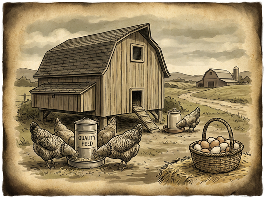 Backyard chicken coop with laying hens — vintage illustration