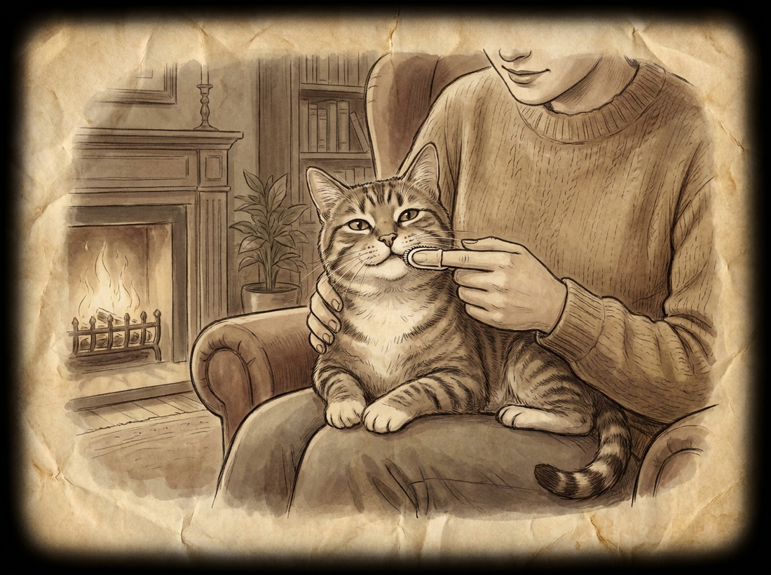 Cat having teeth brushed with finger brush — vintage illustration