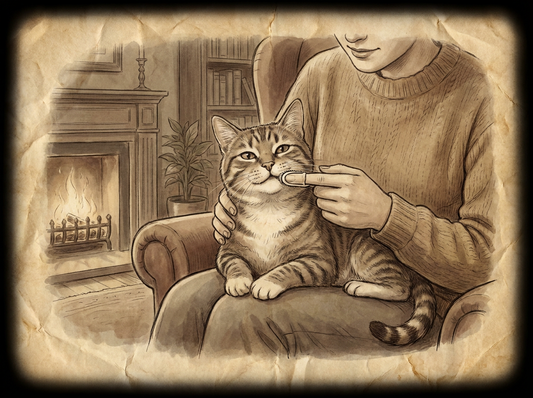 Cat having teeth brushed with finger brush — vintage illustration