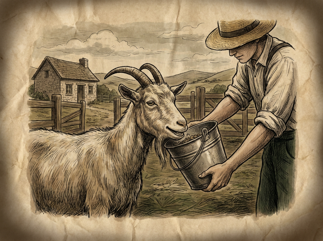 Dairy goat being fed on homestead — vintage illustration