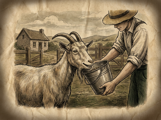 Dairy goat being fed on homestead — vintage illustration