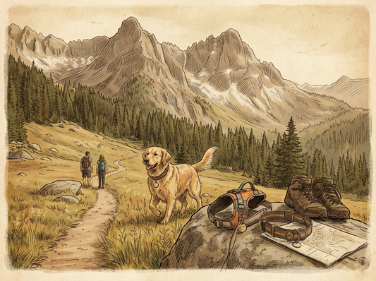 Dog with AirTag collar on trail — vintage illustration