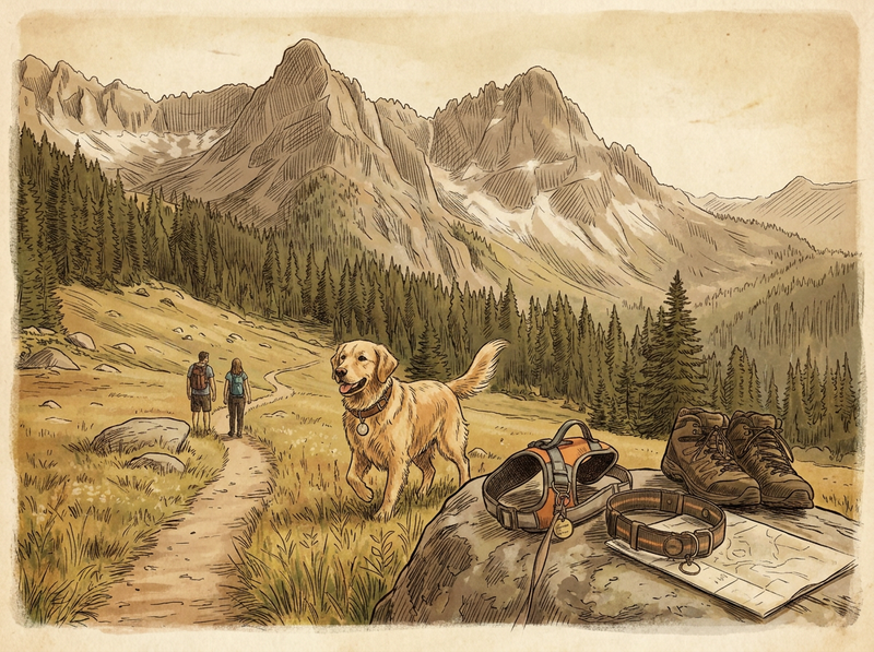 Dog with AirTag collar on trail — vintage illustration