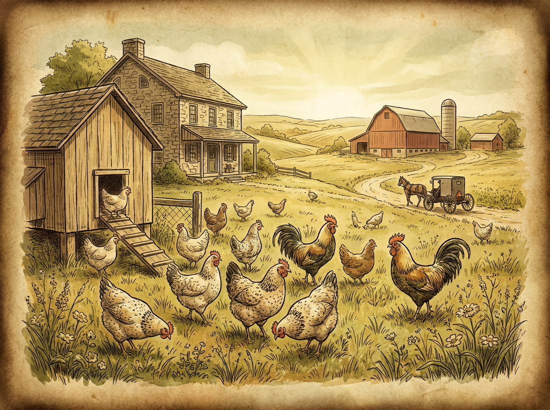 Backyard chicken flock on farm — vintage illustration