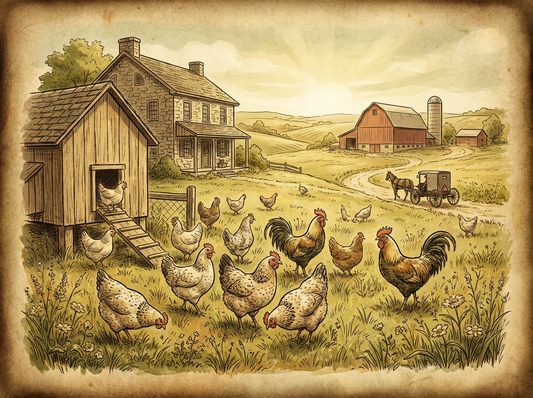 Backyard chicken flock on farm — vintage illustration