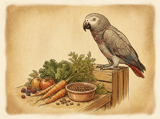African grey parrot with natural diet spread — vintage illustration
