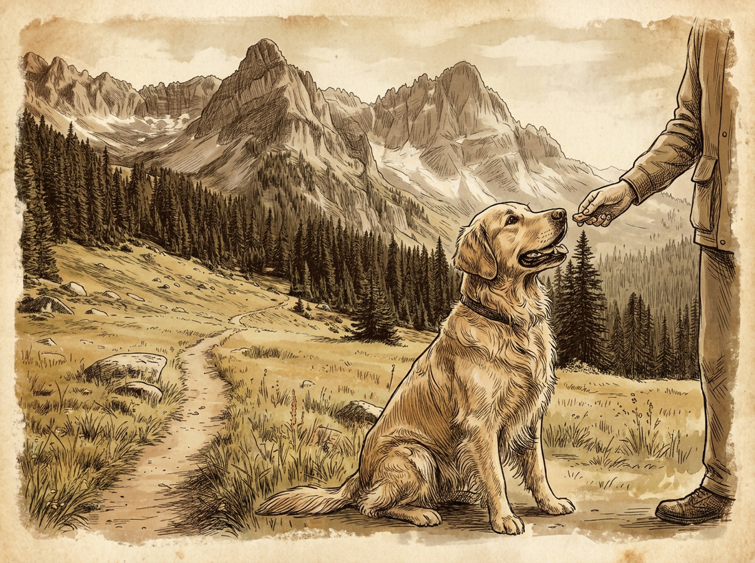 Dog training with freeze dried treats — vintage illustration