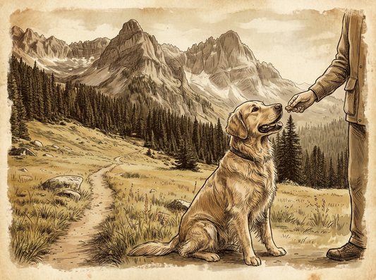 Dog training with freeze dried treats — vintage illustration