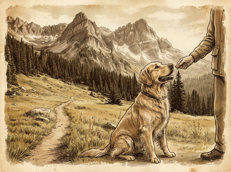 Dog training with freeze dried treats — vintage illustration