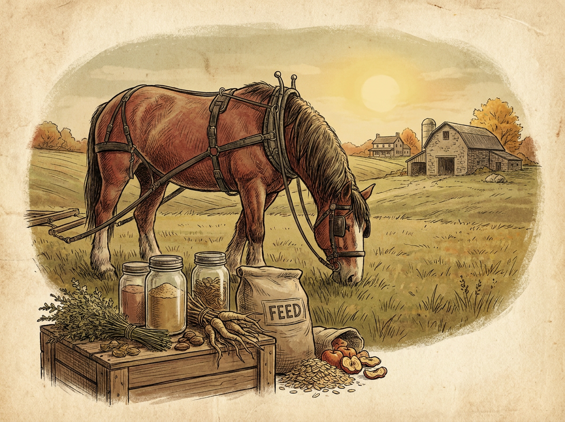 Horse with natural supplements in Lancaster County field — vintage illustration