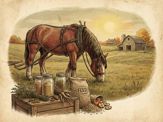 Horse with natural supplements in Lancaster County field — vintage illustration