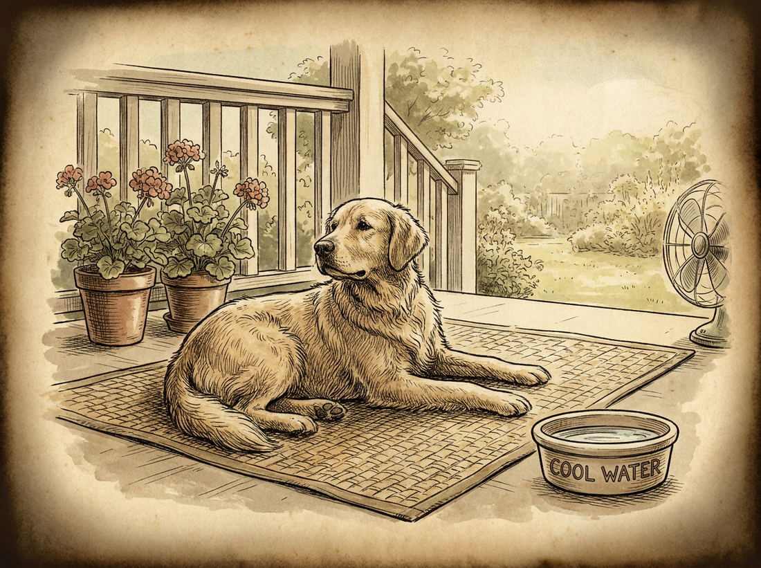 Dog lying on cooling mat in summer — vintage illustration