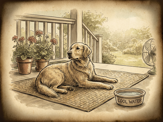 Dog lying on cooling mat in summer — vintage illustration
