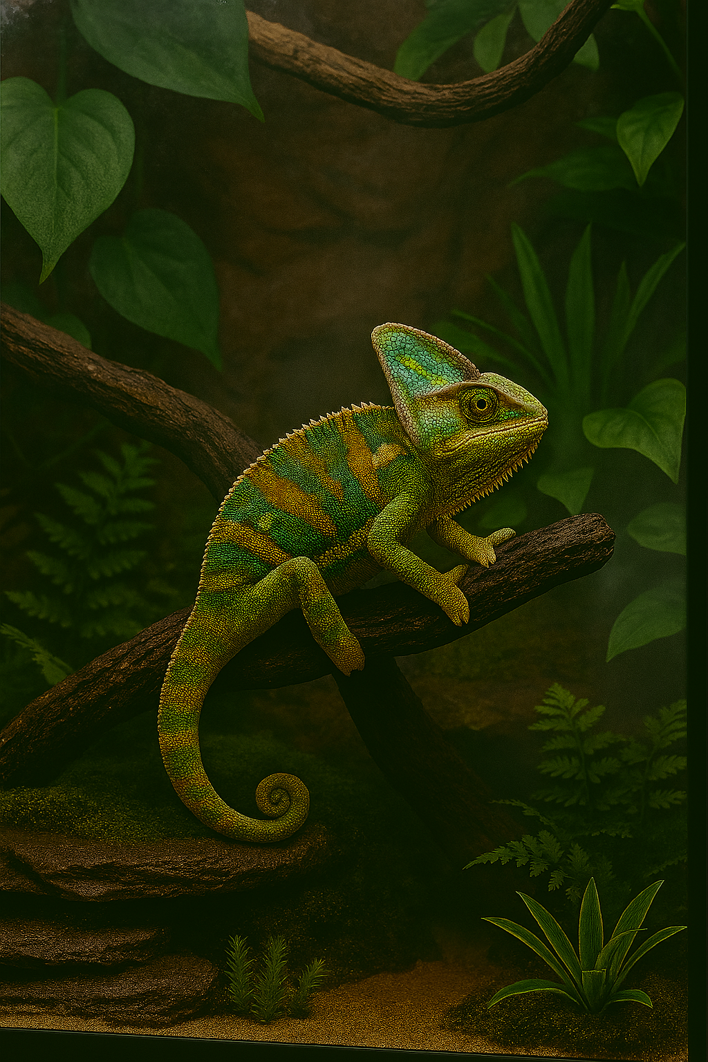 Variety of reptile and amphibian enclosures with terrariums, substrates, lighting, and accessories for creating natural habitats