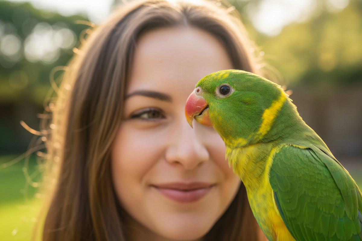 Christmas-themed bird cage with colorful parakeets and macaws from We Love Birds