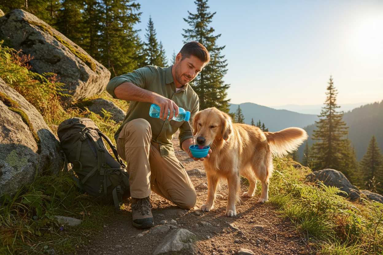 Pet Adventure Gear essentials including portable water bottles, collapsible bowls, storage bags, and running harnesses for active outdoor pets