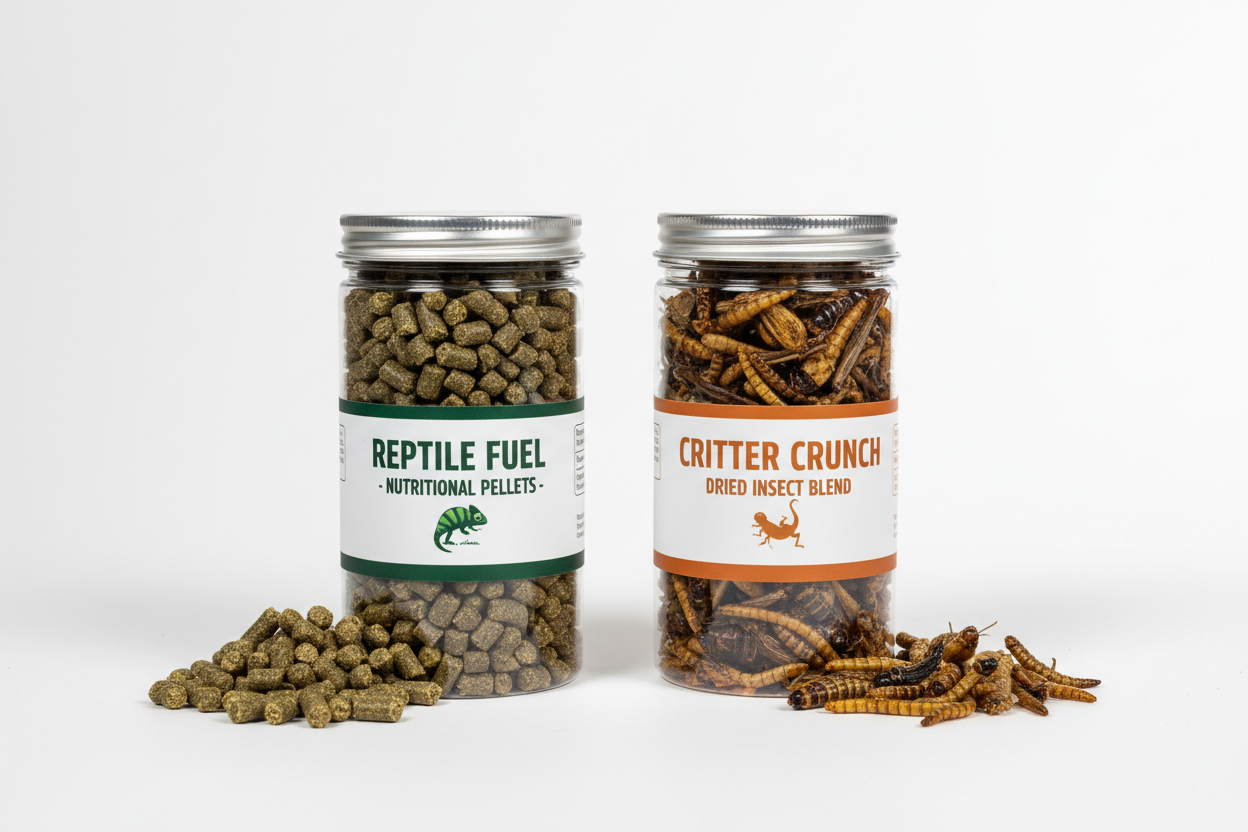 Assortment of high-quality reptile and amphibian food including live insects and dietary supplements