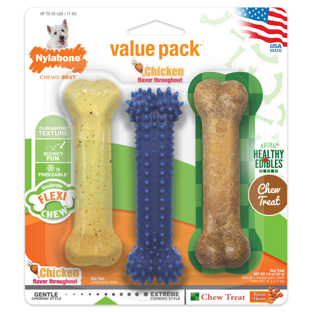 Nylabone Healthy Edibles and Flexi Chew Value Pack Variety, SMall/Regular  Up To 25 Ibs. 3 ct