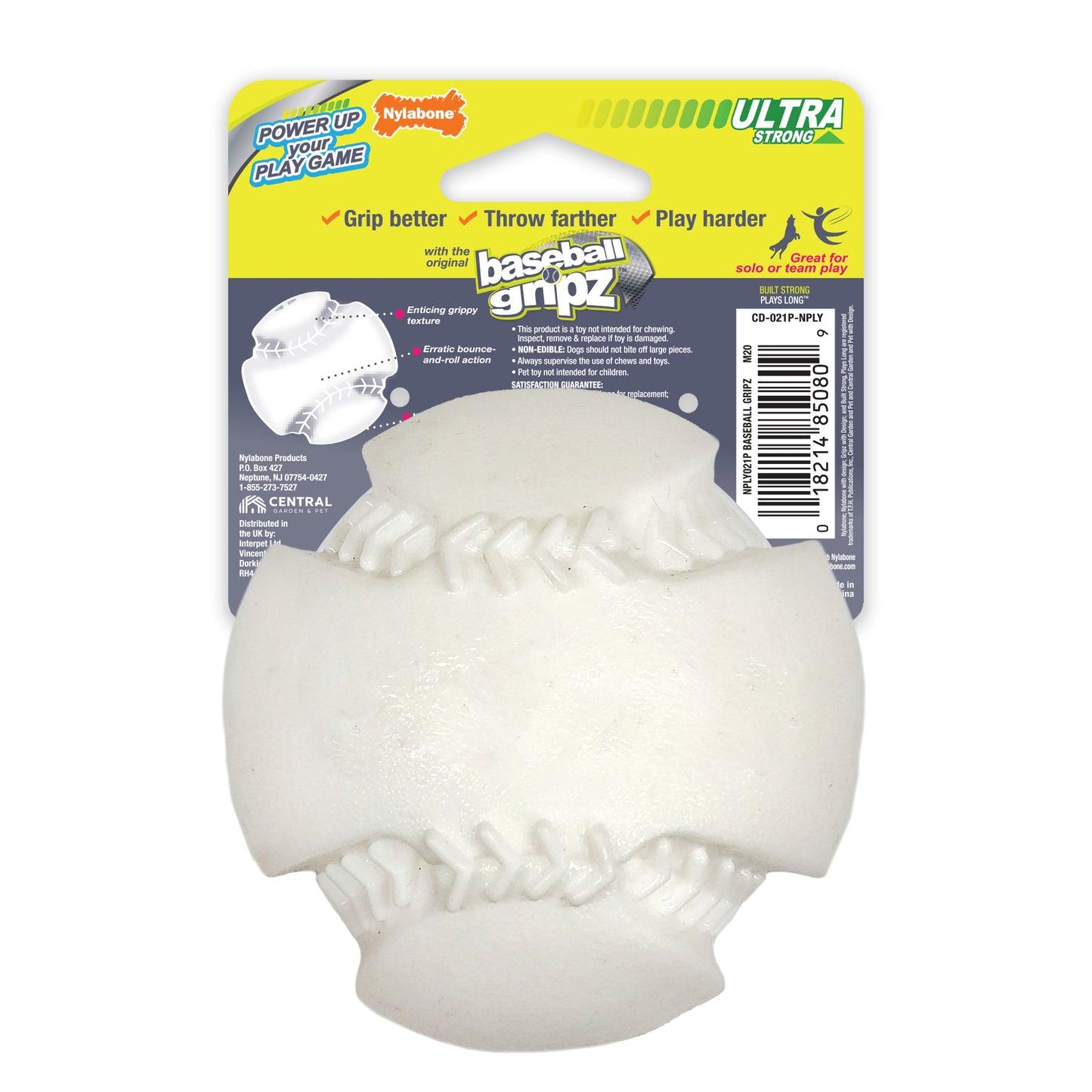 Nylabone Power Play Dog Baseball Gripz 1ea/Medium/Wolf  Up To 35 Lbs. 1 ct