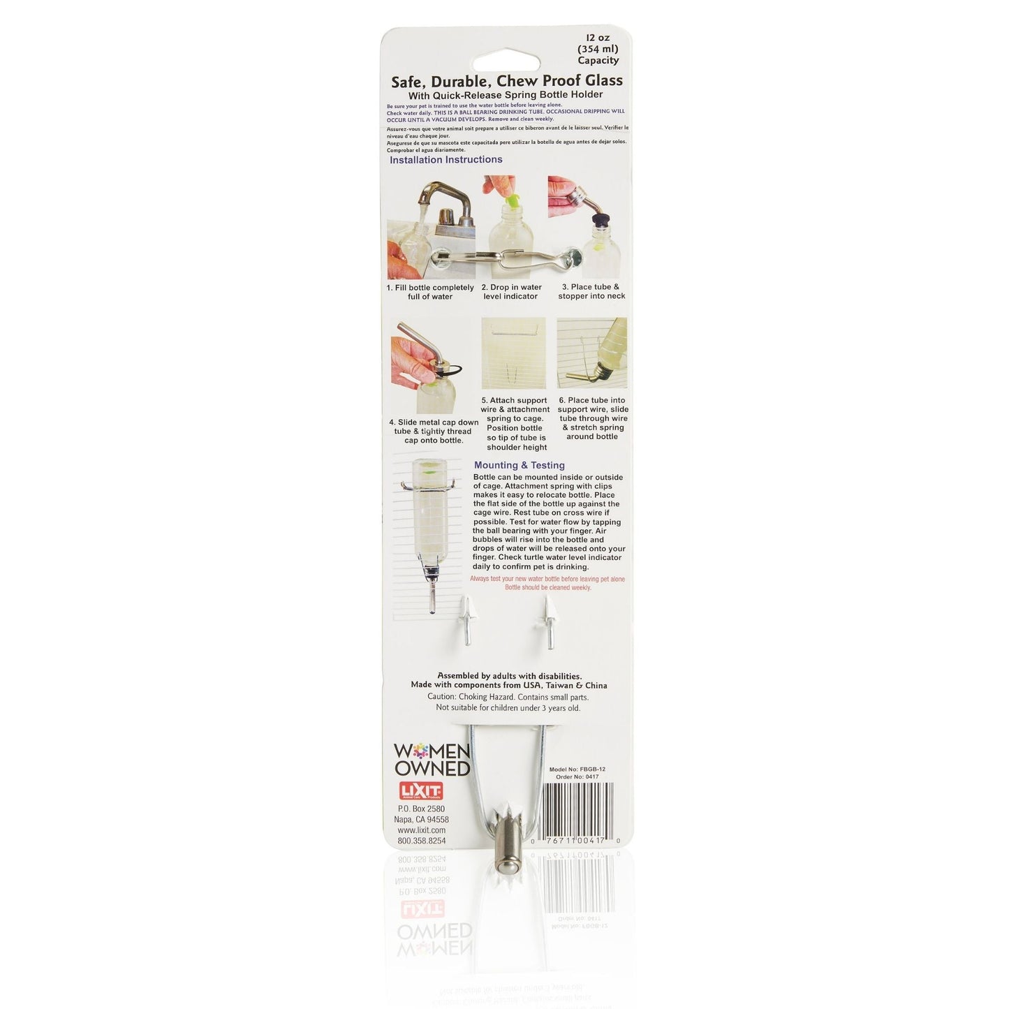 Lixit Chew Proof Glass Bottle for Small Animals Clear 1ea/6oz.