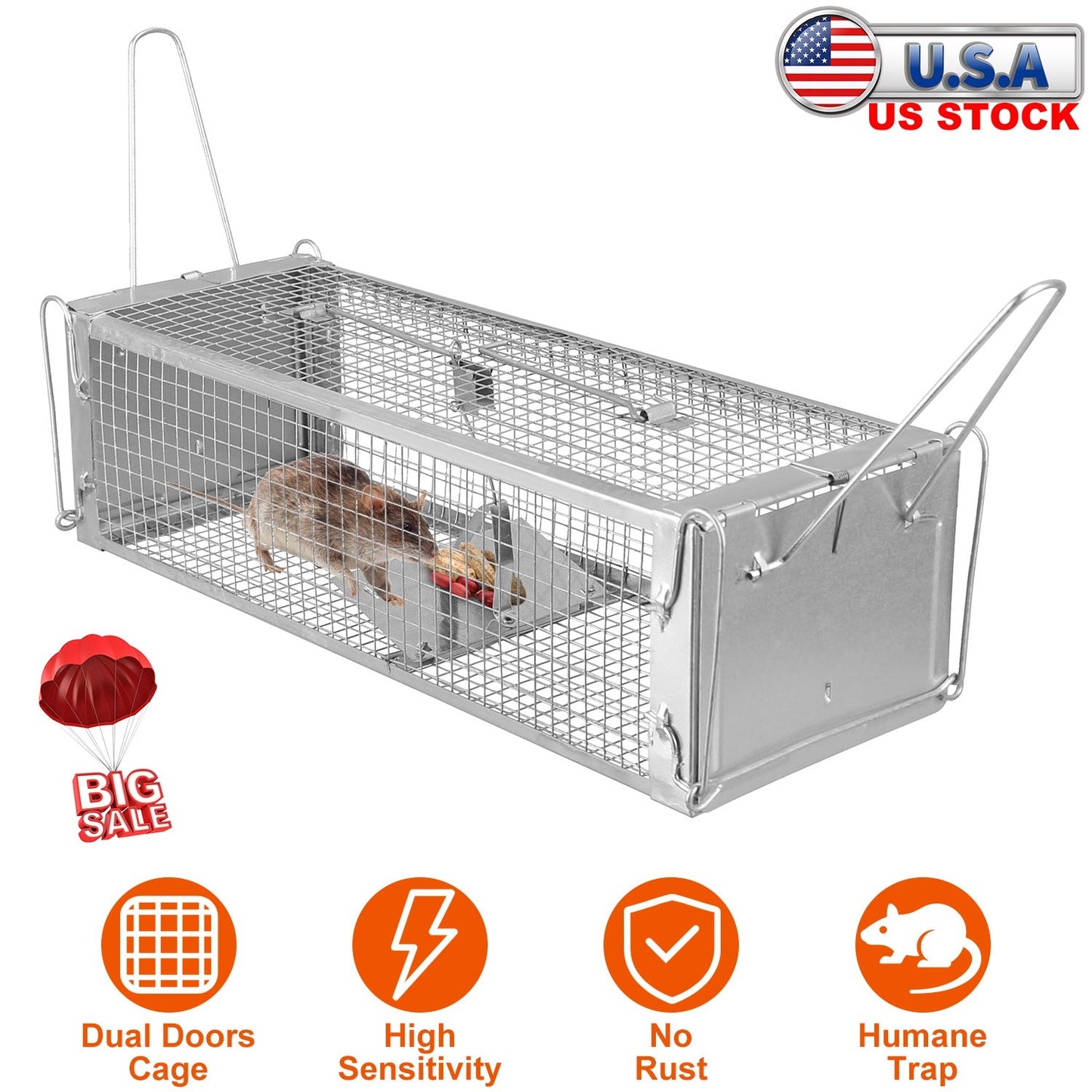 Dual Door Rat Trap Cage Humane Live Rodent Dense Mesh Trap Cage Zinc Electroplating Mice Mouse Control Bait Catch with 2 Detachable U Shaped Rod